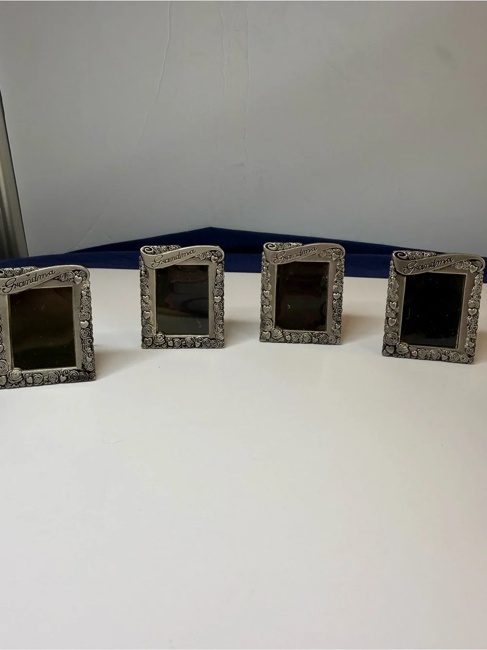 Set of 4 Grandma Mini Photo Frames Rose Heart Easel Pin Back Silver Tone